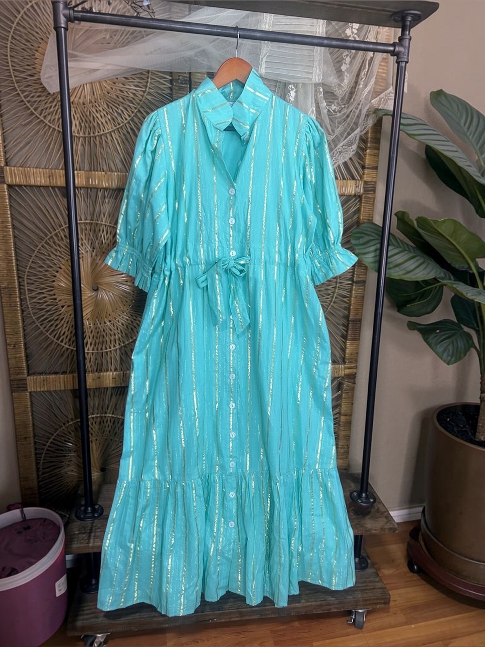 Holly Shae Design cotton maxi dress with gold detail puff sleeve size XS Small